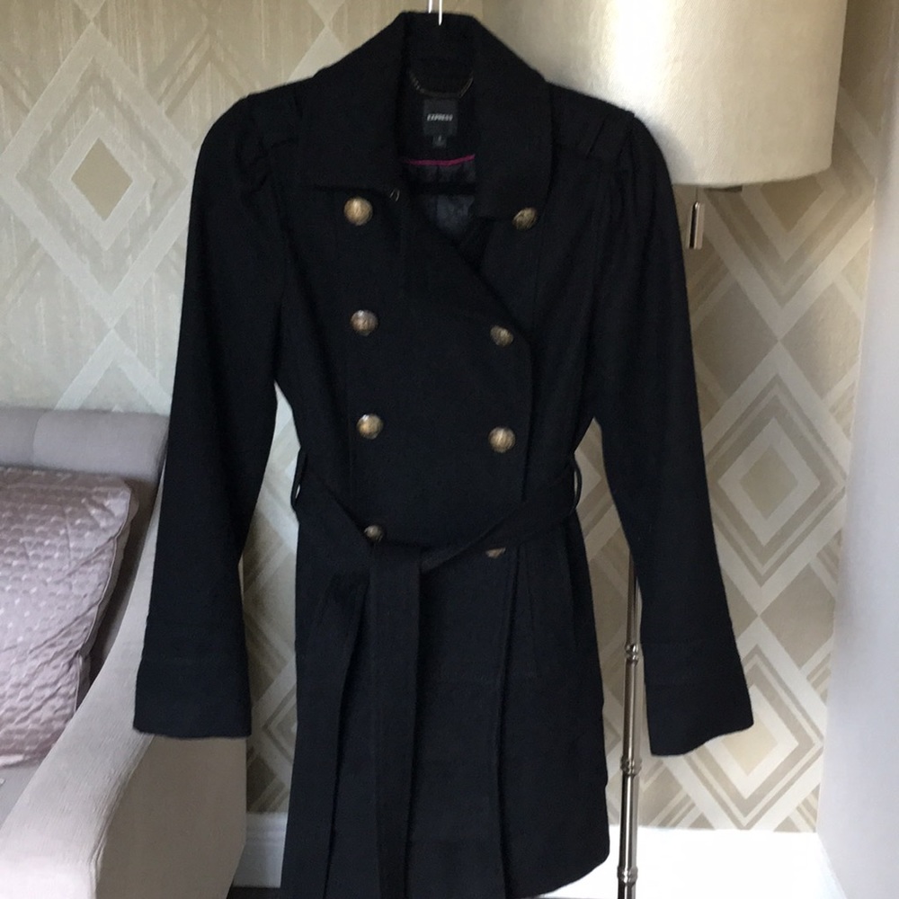 Express Black Double-Breasted Pea Coat with Gold Buttons